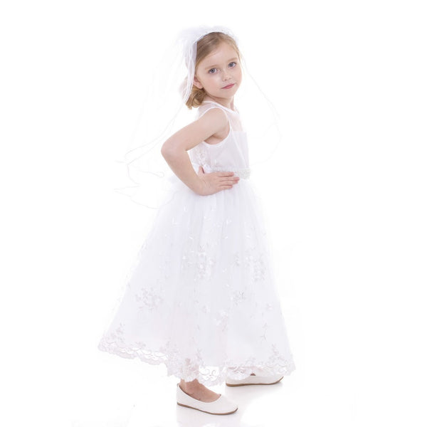 Petite Adele Big Girls White Organza Pearl Belt Shiny Communion Dress 8-16 - SophiasStyle.com